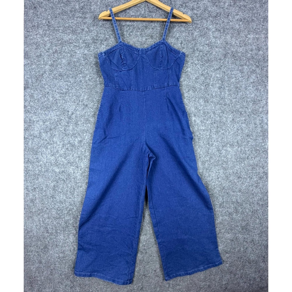Derek Heart Jumpsuit Women S Blue Denim Spaghetti Strap Sweetheart Neck 90s Vibe